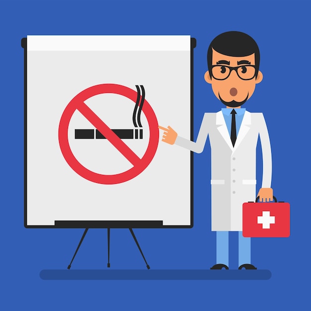 Doctor points to flip chart with picture no smoking sign