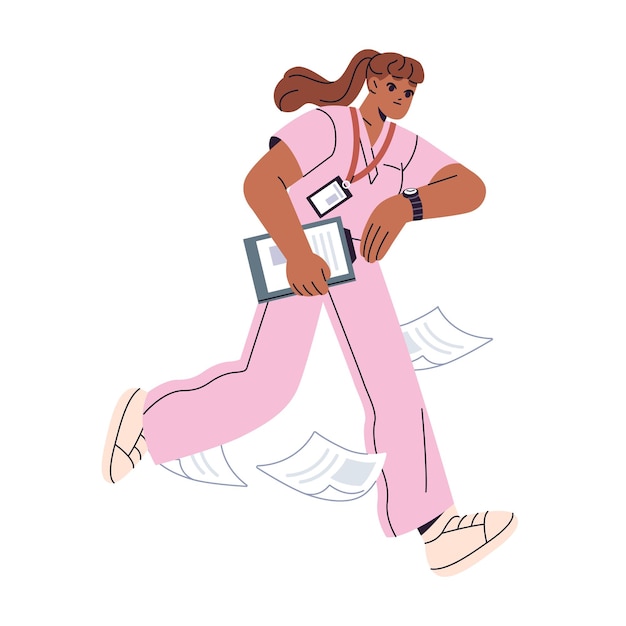 Doctor in uniform hurries Nurse lates looks at watch Medic runs drops documents on the go and papers flying apart Physician with tablet in hand rushes Flat isolated vector illustration on white