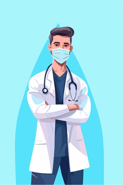 A doctor with a mask on his face stands in front of a blue background.