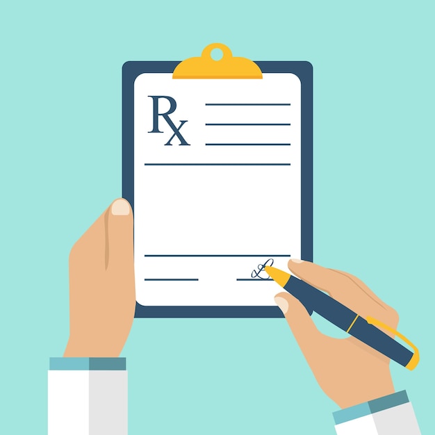 Doctor writing prescription Clipboard in hands of doctor Rx prescription form Medical prescription pad Vector illustration flat design style Medical background template