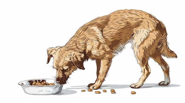 a dog is eating food from a bowl that has been drawn on it