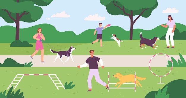 Vector dog park with people playing, training and walking pets. flat owners and dogs outside activity. domestic animals playground vector concept