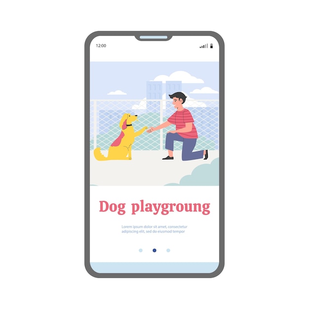 Dog playground mobile page with owner plays with pet flat vector illustration