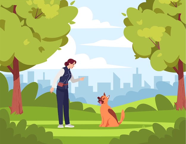 Vector dog training semi   illustration. woman teaches naughty dog  cartoon character for commercial use. park area. dog training specialist. green bright environment, nice weather.