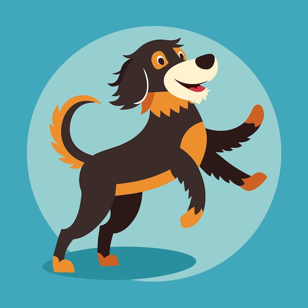 a dog with a black tail is running with a blue background