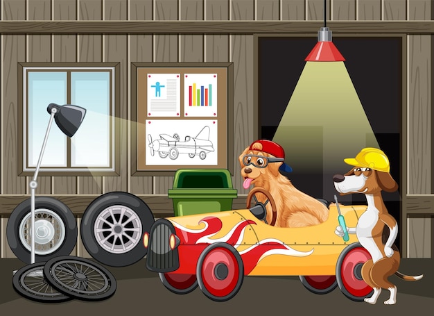 Dogs repairs car in garage