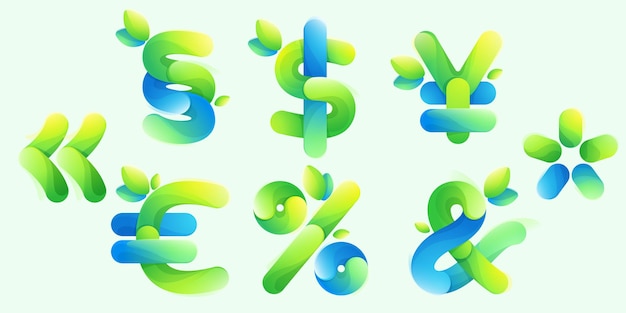 Dollar euro yen percentage number and ampersand eco logo with gradient lines with green leaf