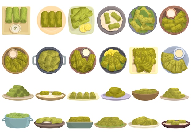 Dolma icons set cartoon vector Armenia grape