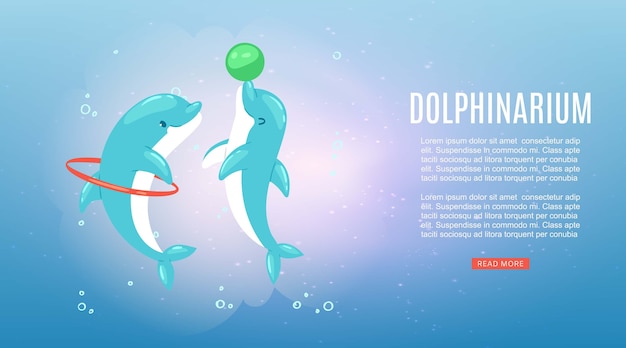 Dolphinarium,  inscription, underwater ocean nature, sea blue dolphin fish, marine mammals show,   illustration. Bright wildlife, jump through ring, fun ball game, water aquarium.