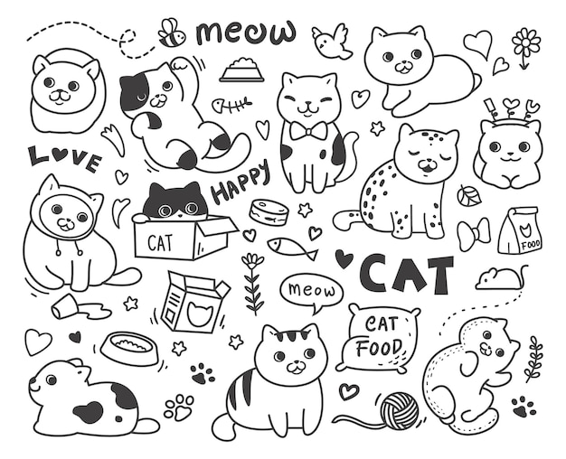 Vector doodle cute cats collection