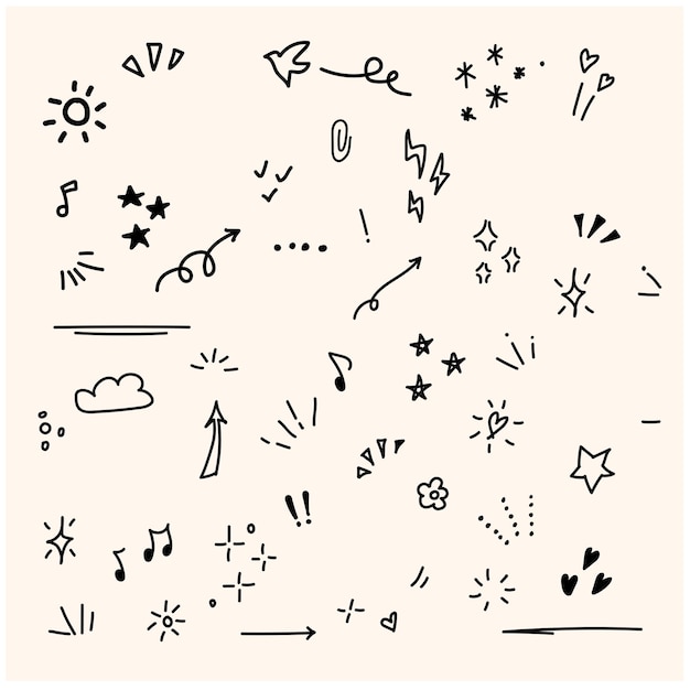 Vector doodle cute glitter pen line elements doodle heart arrow star sparkle decoration symbol set icon