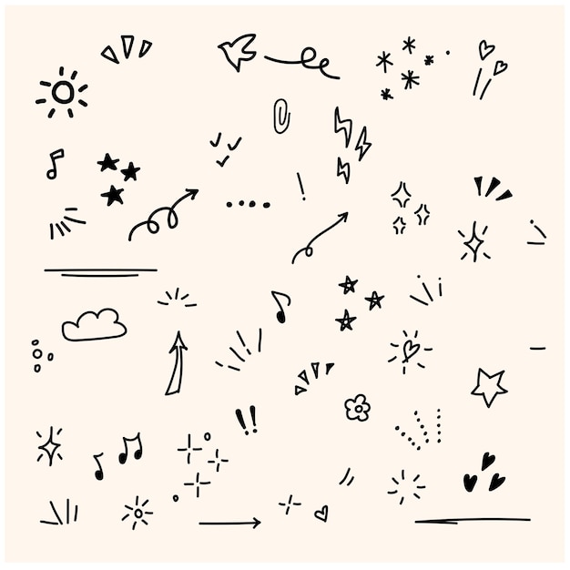 Doodle cute glitter pen line elements Doodle heart arrow star sparkle decoration symbol set icon