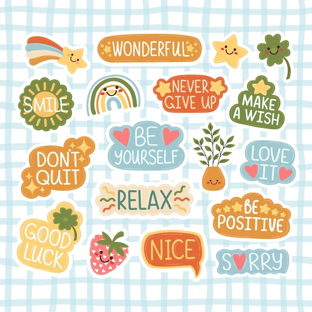 Vector doodle flat clipart. cute motivational stickers. all objects are repainted.