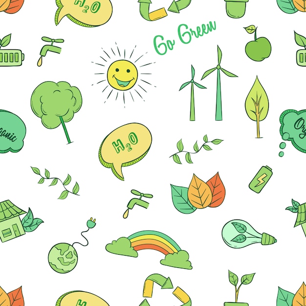 doodle go green icons idea seamless pattern