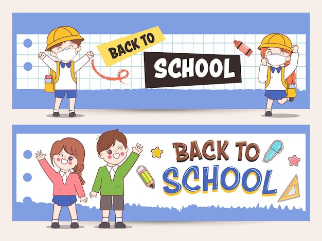 Doodle hand drawn cute cartoon student back to school banner and background character