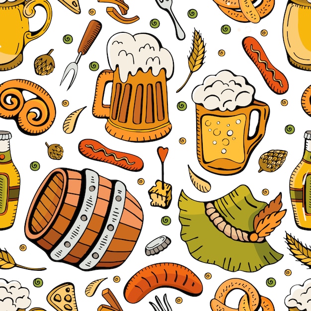 Doodle hand getrokken Oktoberfest naadloze patroon. Bier dranken retro cartoon patroon met naadloze achtergrond