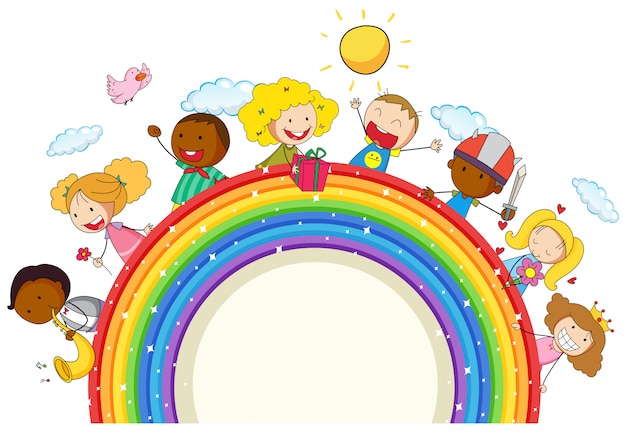 Doodle kids on the rainbow