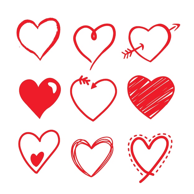 Doodle red love hearts icons set. Hand drawn scribble hearts. painted heart shaped elements for valentines day greeting romantic symbols