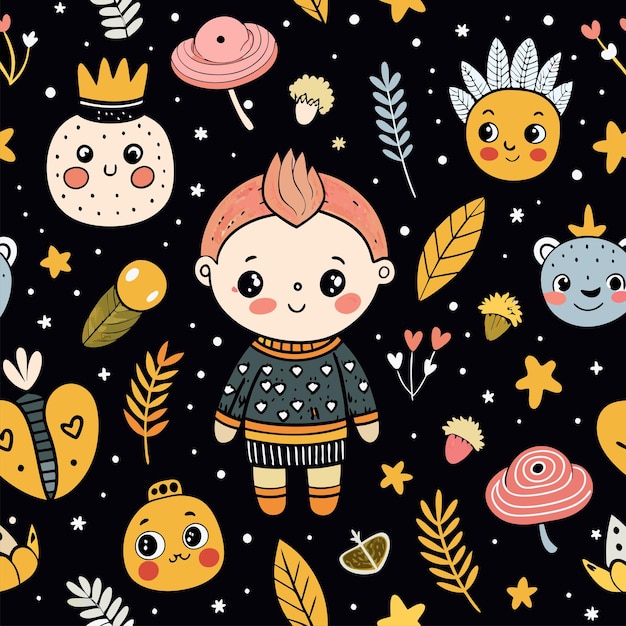 Doodle sketch seamless black pattern Cute childish drawing illustration