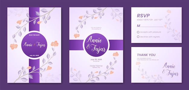 double side beautiful watercolor purple floral wedding invitation template premium vector