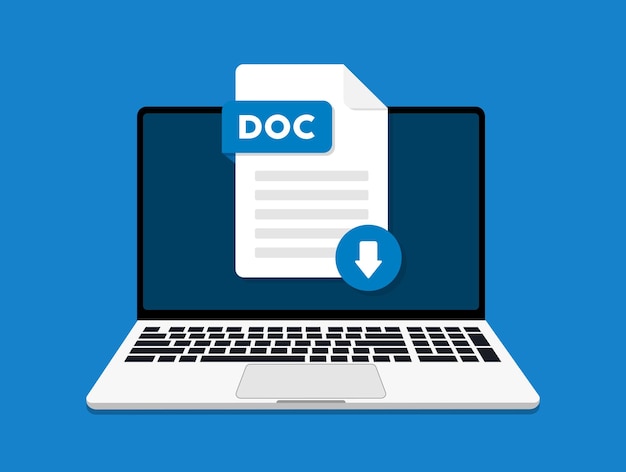 Download of doc document in computer icon. Vector icon.