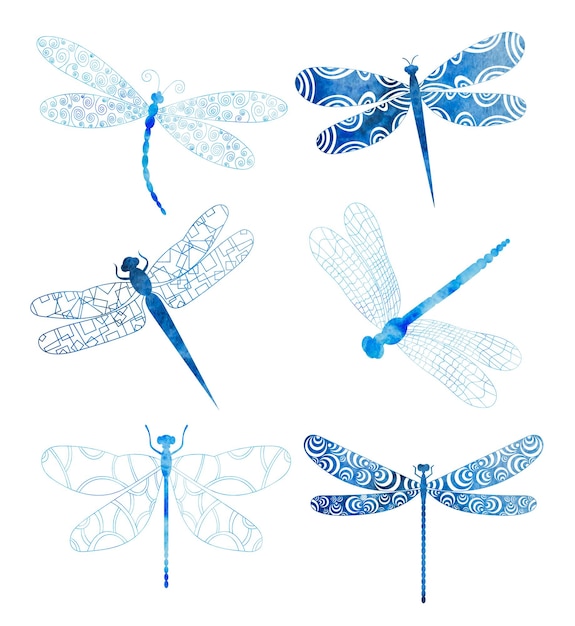 Dragonfly set watercolor silhouette set isolated