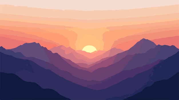 Vector dramatic sunset view over a valley with silhouettes