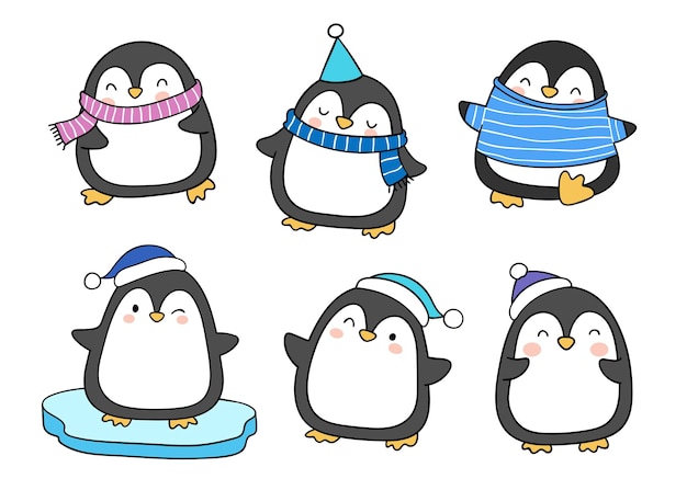 Vector draw collection cute penguin christmas and winter