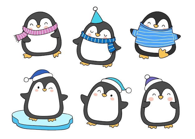 Draw collection cute penguin Christmas and winter