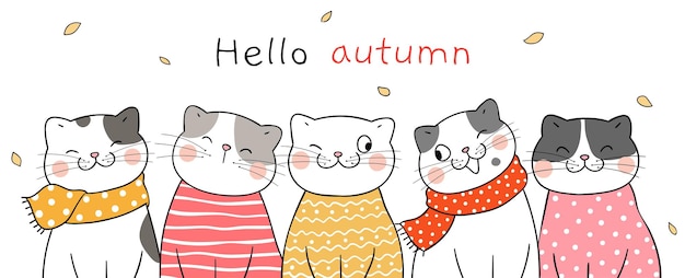 Vector draw cute cat in autumn happy fall doodle cartoon style