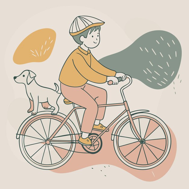 Vector a drawing of a boy riding a bike with a dog on the back