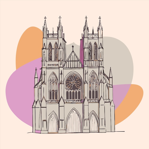 Vector a drawing of a cathedral with a pink and orange background