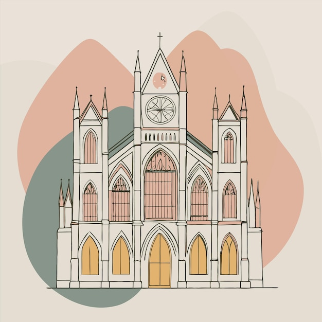 Vector a drawing of a church with a clock on it