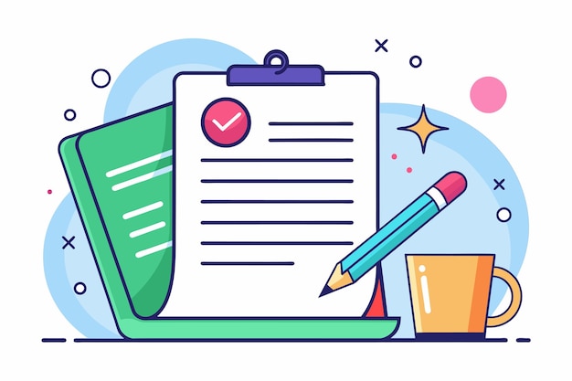 Vector a drawing depicting a business contract on a desk featuring a laptop notepad pencil and a cup contract for business simple drawing