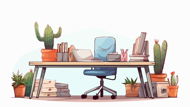 a drawing of a desk with a chair and a cactus on it