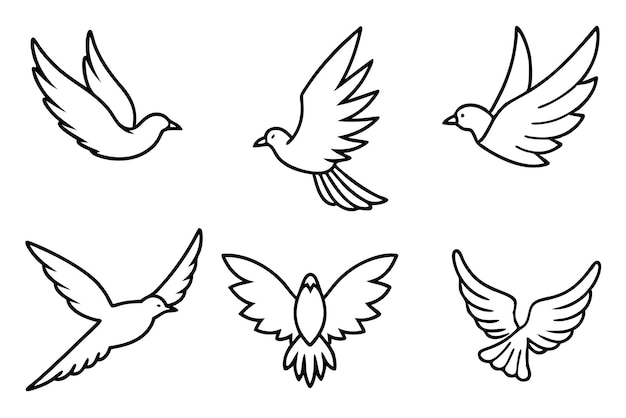 Vector a drawing of a dove and a white background with a line of flying pigeons