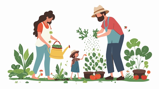 Vector a drawing of a family in the garden with a child and a basket of vegetables