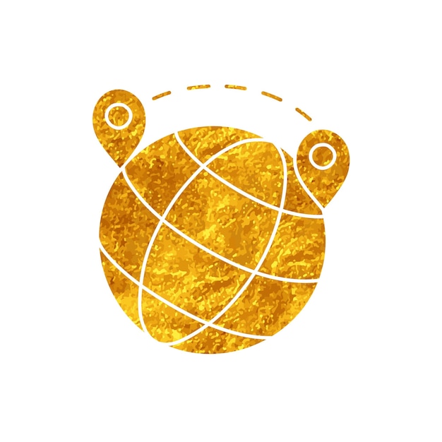 Vector drawing in gold color style map pin route on globe icon