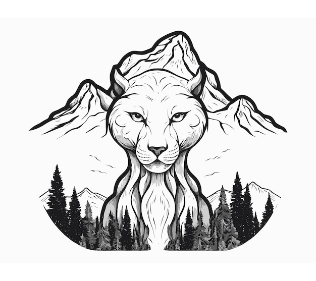 a drawing of a lion head and a mountain in the background