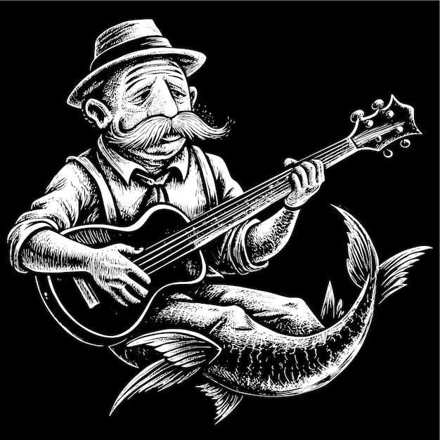 Vector a drawing of a man playing a bass and a fish