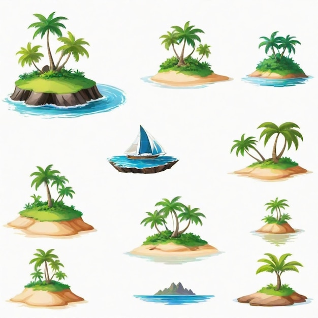 Vector a drawing of palm trees and island with a boat in the middle