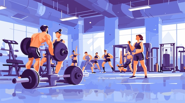 Vector a drawing of people exercising in a gym with the words quot gym quot on the wall