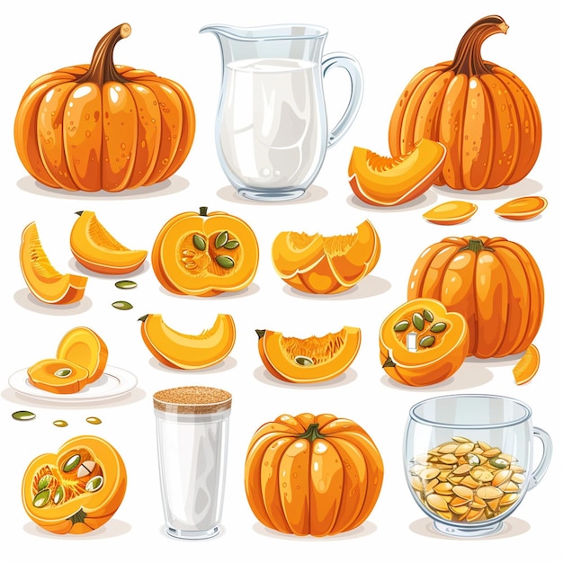 a drawing of a pumpkin and some oranges and a pitcher of juice