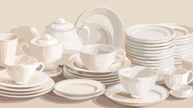 Vector a drawing of a stack of plates and cups with a spoon on top of them