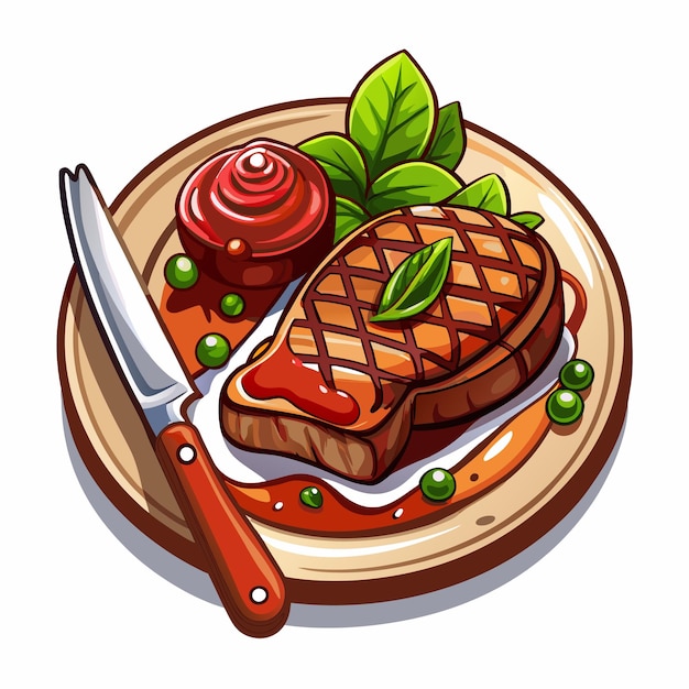 A Drawing Of Steak On A Plate With knife And Drinks