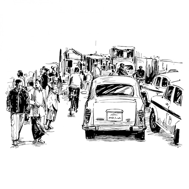 Vector drawing of the traffic on street in india