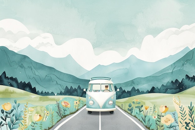 Vector a drawing of a van driving down a road with mountains in the background