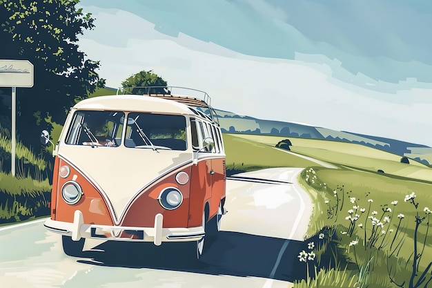 a drawing of a vintage van driving down a country road