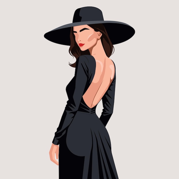 a drawing of a woman in a black dress with a long black hat