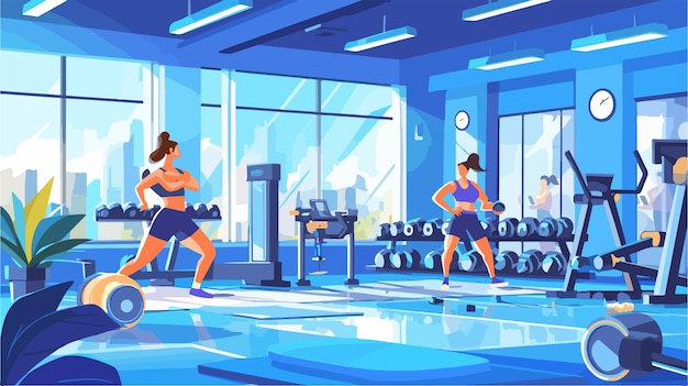 Vector a drawing of women exercising in a gym with dumbbells